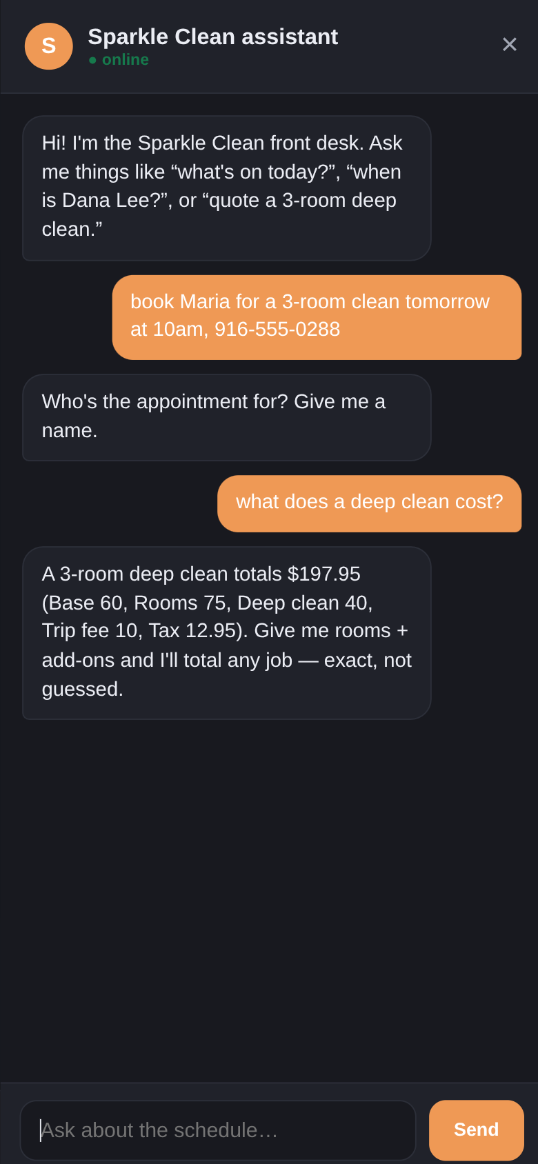 The FrontDesk chat booking a customer and returning an exact itemized quote — a 3-room deep clean totals $197.95, broken down line by line