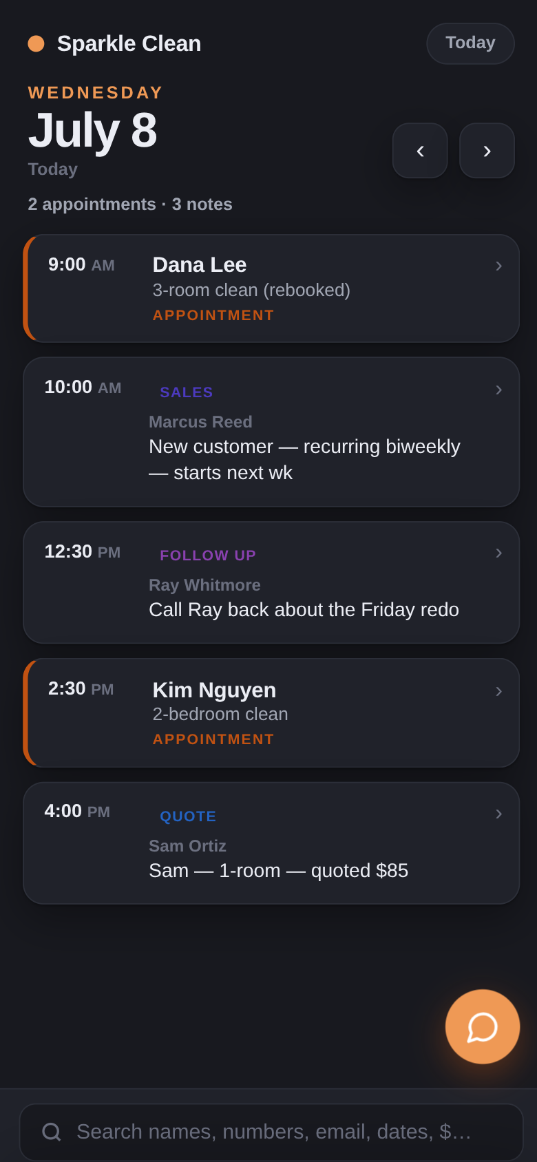 FrontDesk on a phone: Wednesday's appointments, a sales note, a follow-up and a quote — the day at a glance